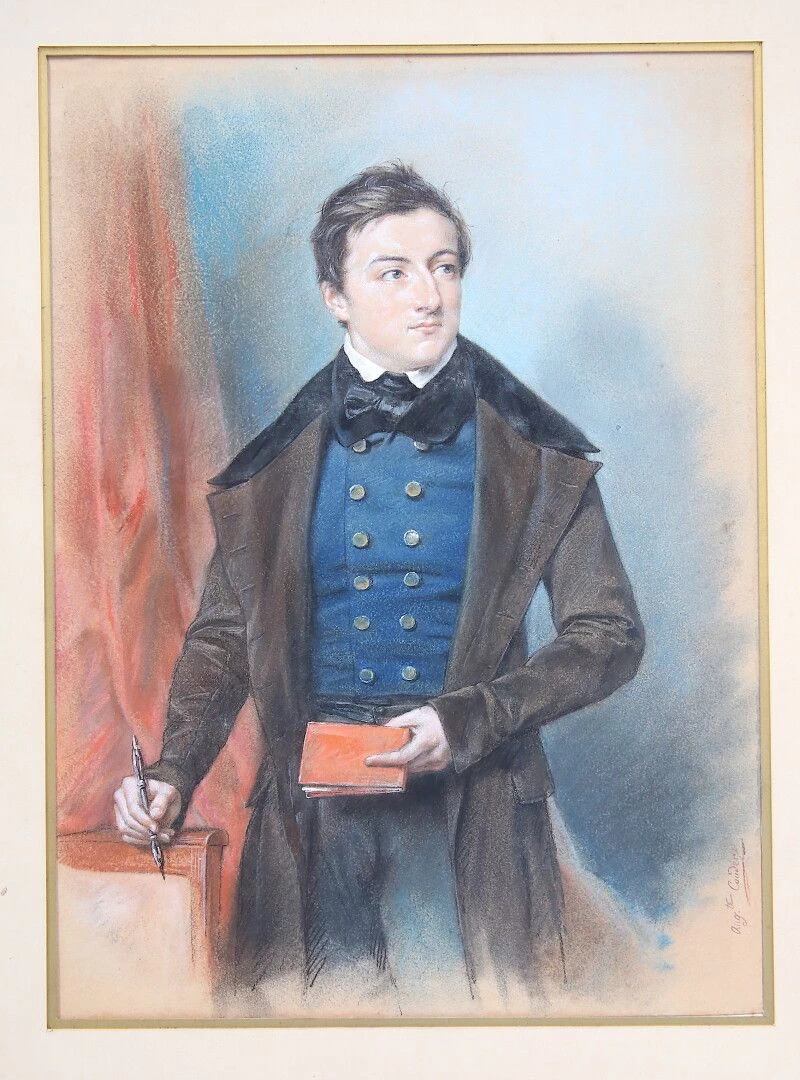 Ritratto di un giovane in cappotto marrone e gilet blu